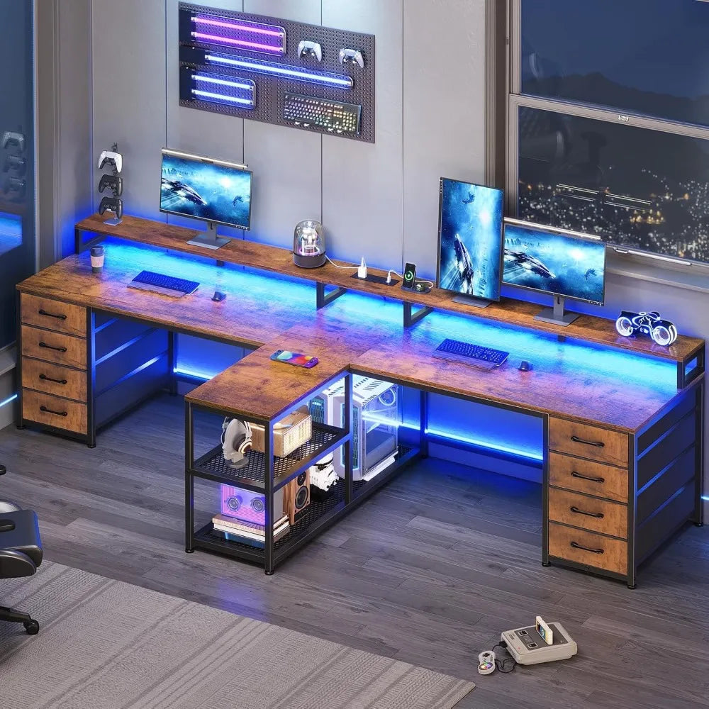 94.5" 2 Person Gaming Desk, Long Office Computer Desk with 8 Drawers & LED Lights, Two Person Desk with Storage, Power St