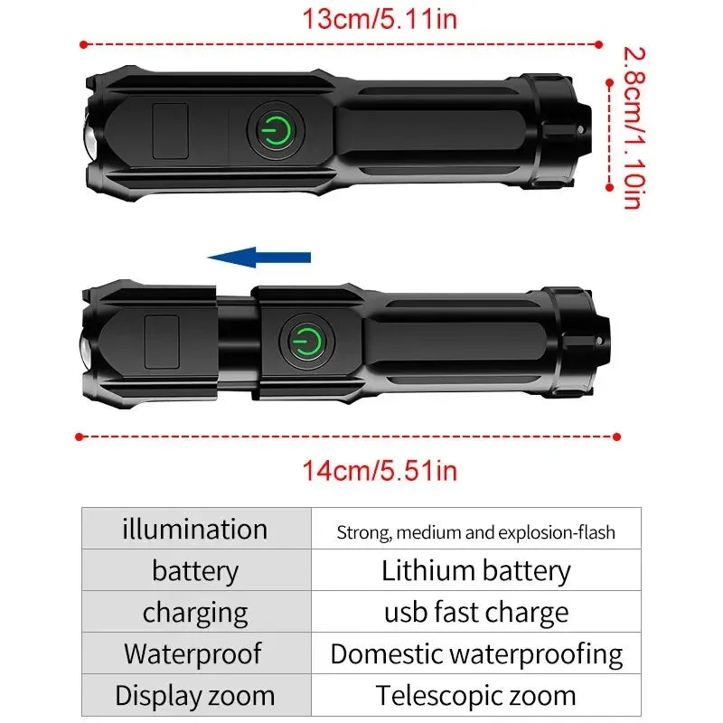 Powerful LED Flashlight Rechargeable USB Built-in Lithium Battery Waterproof Zoom Fishing Hunting Camping Tactical Flashlight