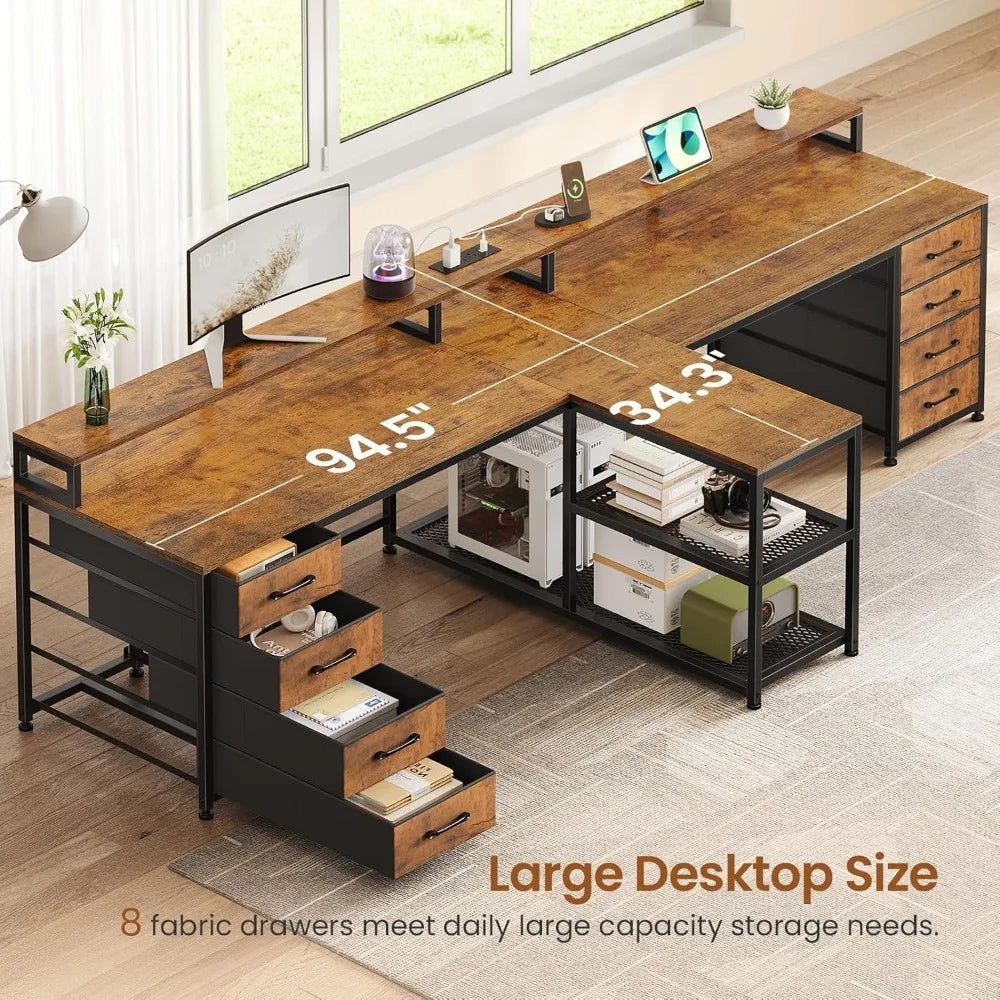 94.5" 2 Person Gaming Desk, Long Office Computer Desk with 8 Drawers & LED Lights, Two Person Desk with Storage, Power St