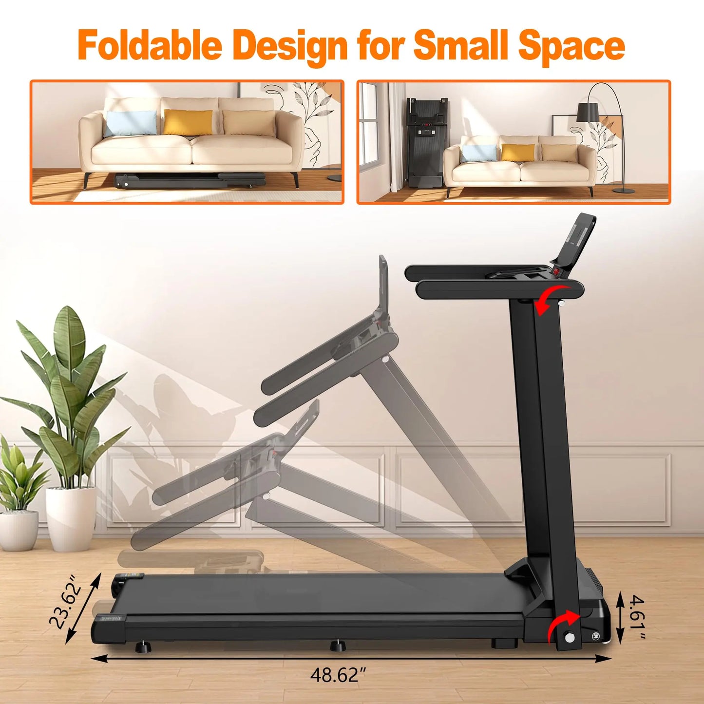 Folding Treadmill with Handles Treadmills for Home 2.5HP Foldable Treadmills 300 LBS Capacity Walking Pad with Handle Bar