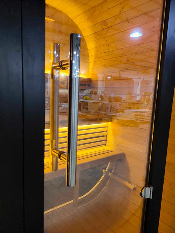 Premium Spruce Square Sauna Kit with Panoramic Glass Front & Stainless Steel Heater