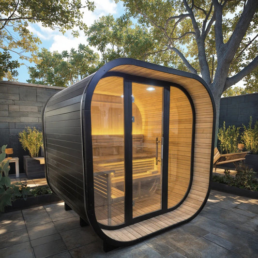 Premium Spruce Square Sauna Kit with Panoramic Glass Front & Stainless Steel Heater